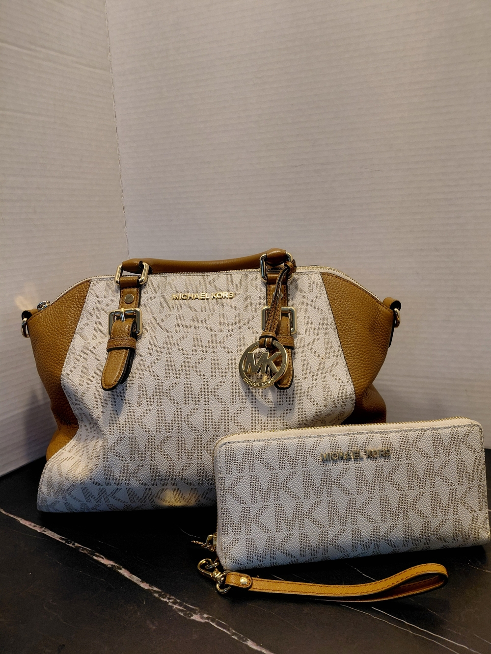 Michael Kors Women's Logo Satchel & Wristlet Set in Beige and Tan
